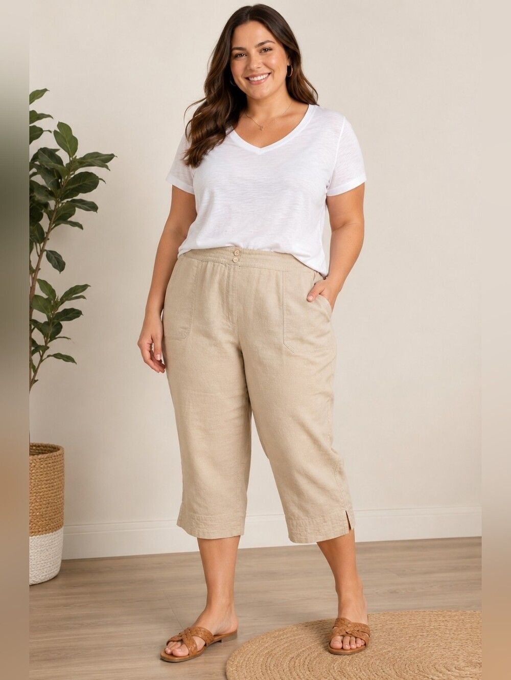 Sigrid Olsen Linen Blend Capri Wide Leg Pants 24W Beige Neutral Plus Size Casual